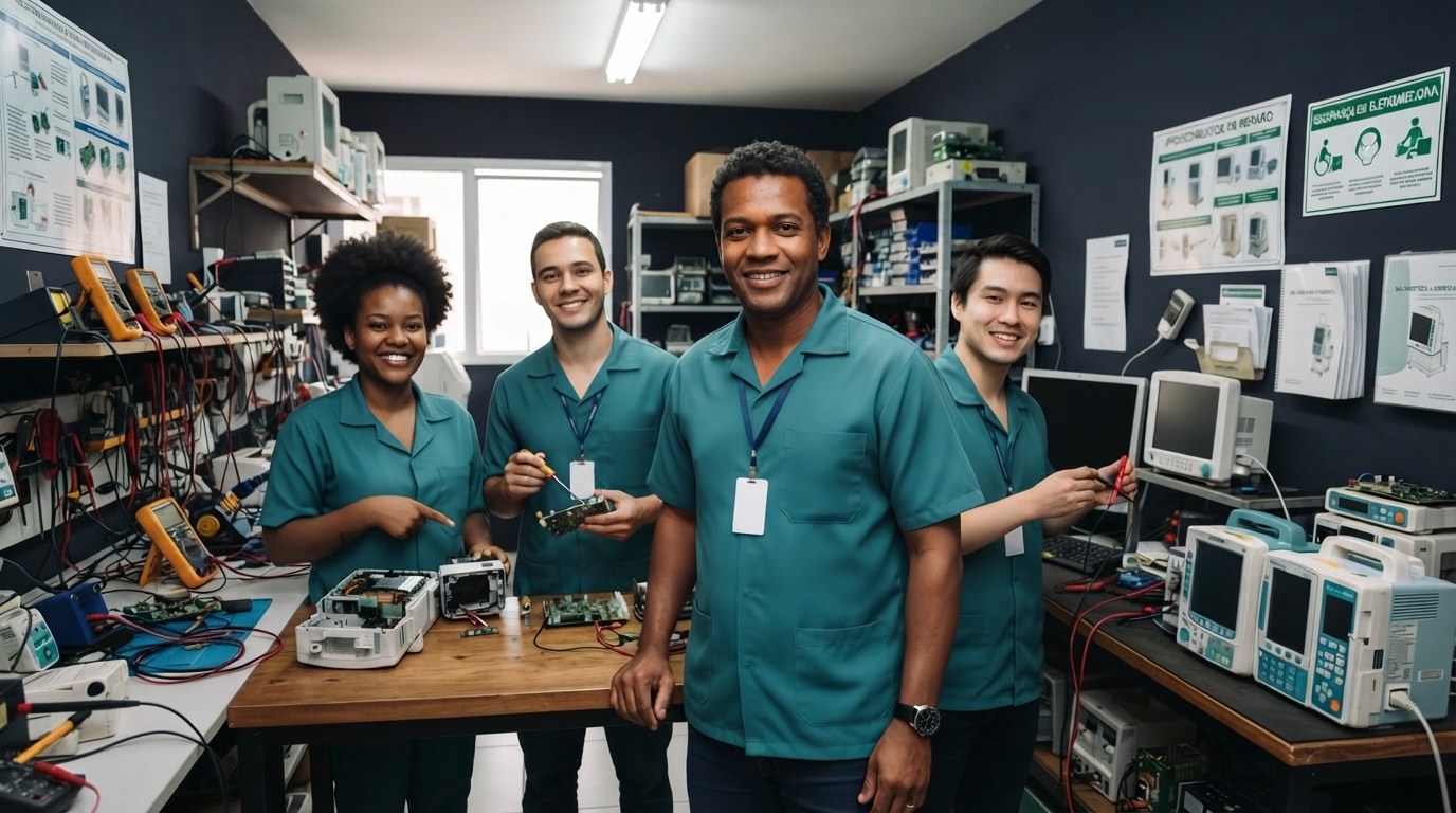 Dono de assistência técnica com a equipe em ação