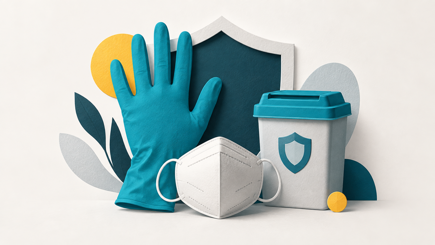Ilustração conceitual: Luva, máscara e recipiente fechado representam biossegurança e proteção no trabalho.