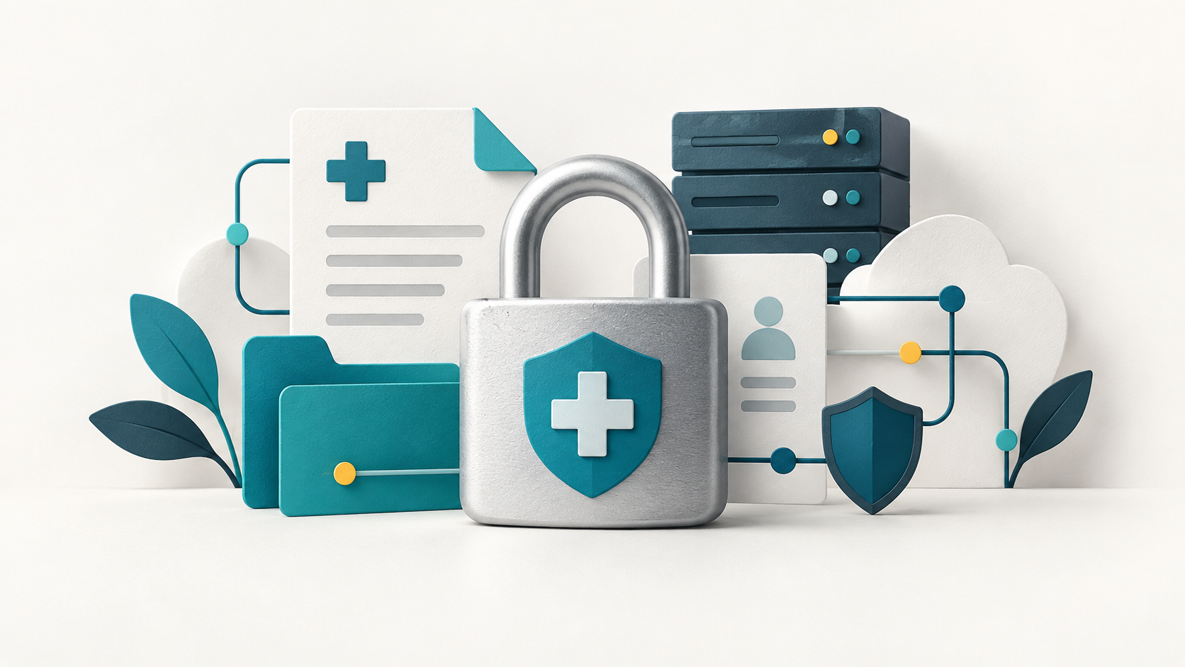 Ilustração conceitual: Cadeado, nuvem e documentos abstratos representam proteção da informação.