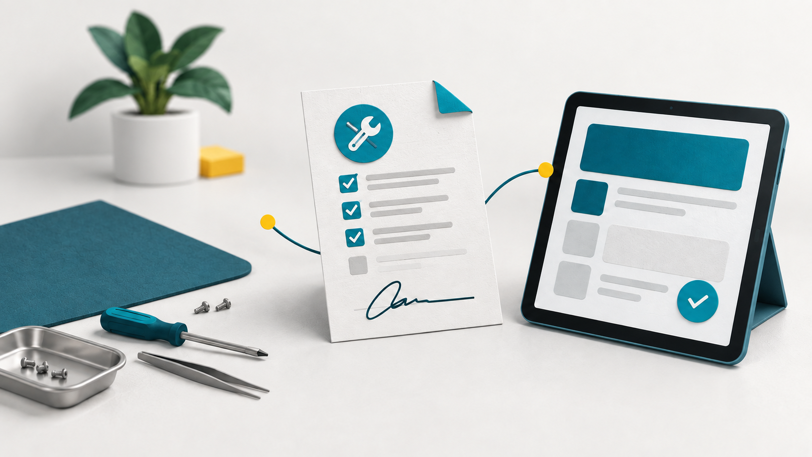 Ilustração conceitual: Documento de manutenção, assinatura abstrata e tablet representam registros digitais e rastreabilidade.