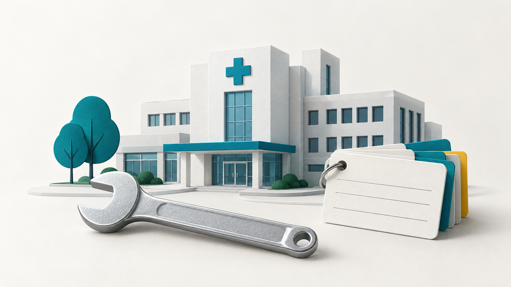 Ilustração conceitual: Hospital em miniatura, ferramenta e fichas representam gestão dos equipamentos e da manutenção.