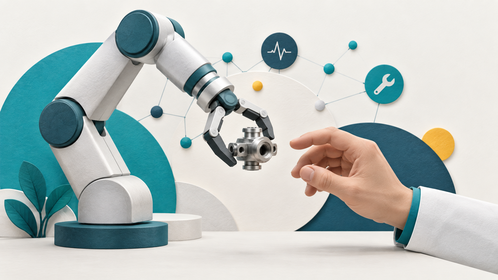 Ilustração conceitual: Braço robótico abstrato, mão humana e conexões representam tecnologia médica e revisão humana.