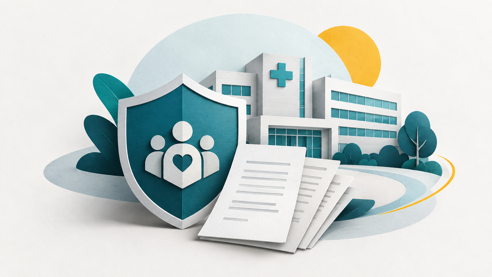 Ilustração conceitual: Escudo com figuras humanas, hospital e registros representam qualidade e segurança do paciente.