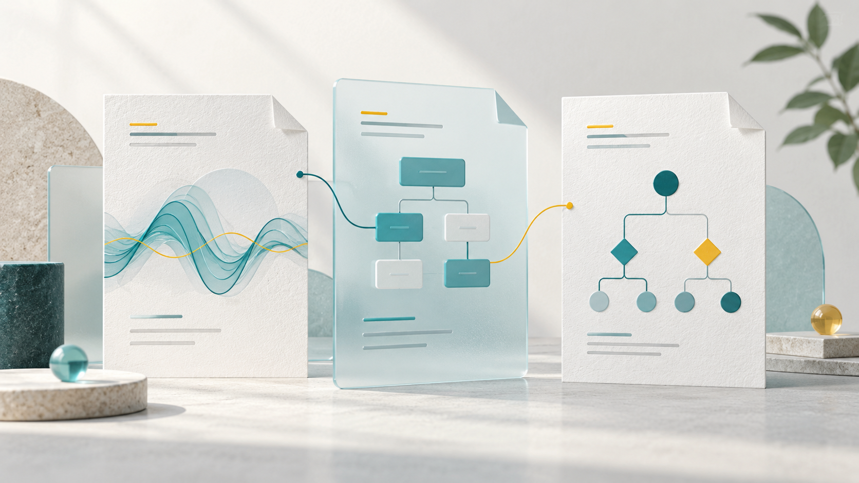 Ilustração conceitual de documentos conectados com ondas, blocos de software e ramificações de análise de risco.