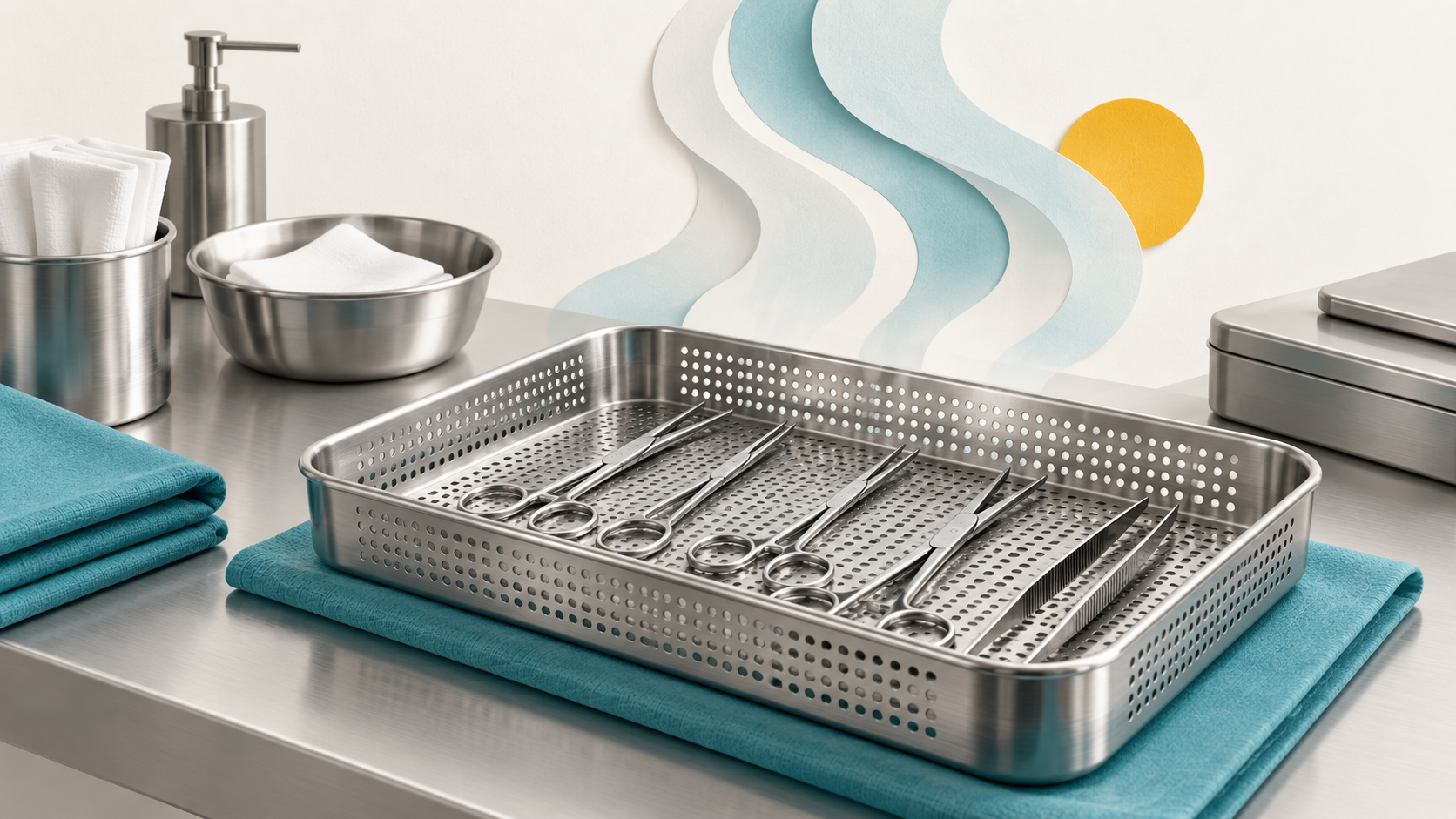 Ilustração conceitual: Bandeja de instrumentos e vapor abstrato representam processamento de materiais.