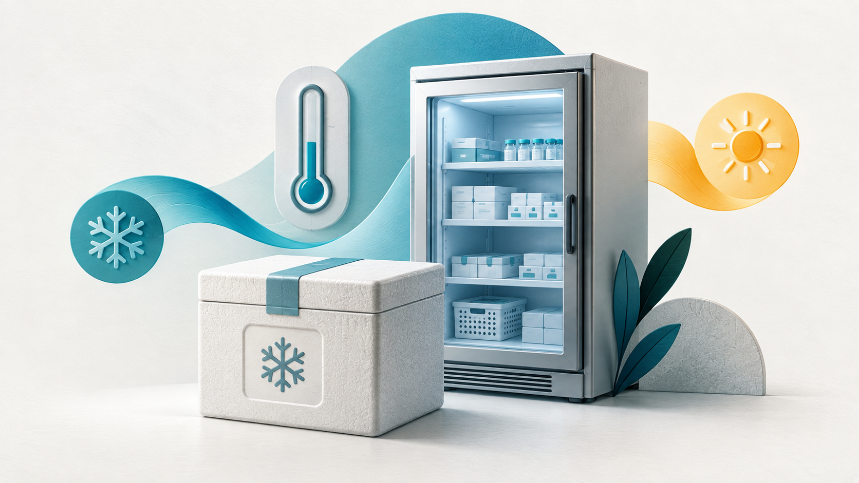 Ilustração conceitual: Armário refrigerado, frascos neutros e termômetro sem escala representam cadeia do frio e qualificação térmica.
