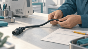 Ilustración editorial de un técnico inspeccionando un cable de alimentación desconectado junto a un registro de inspección